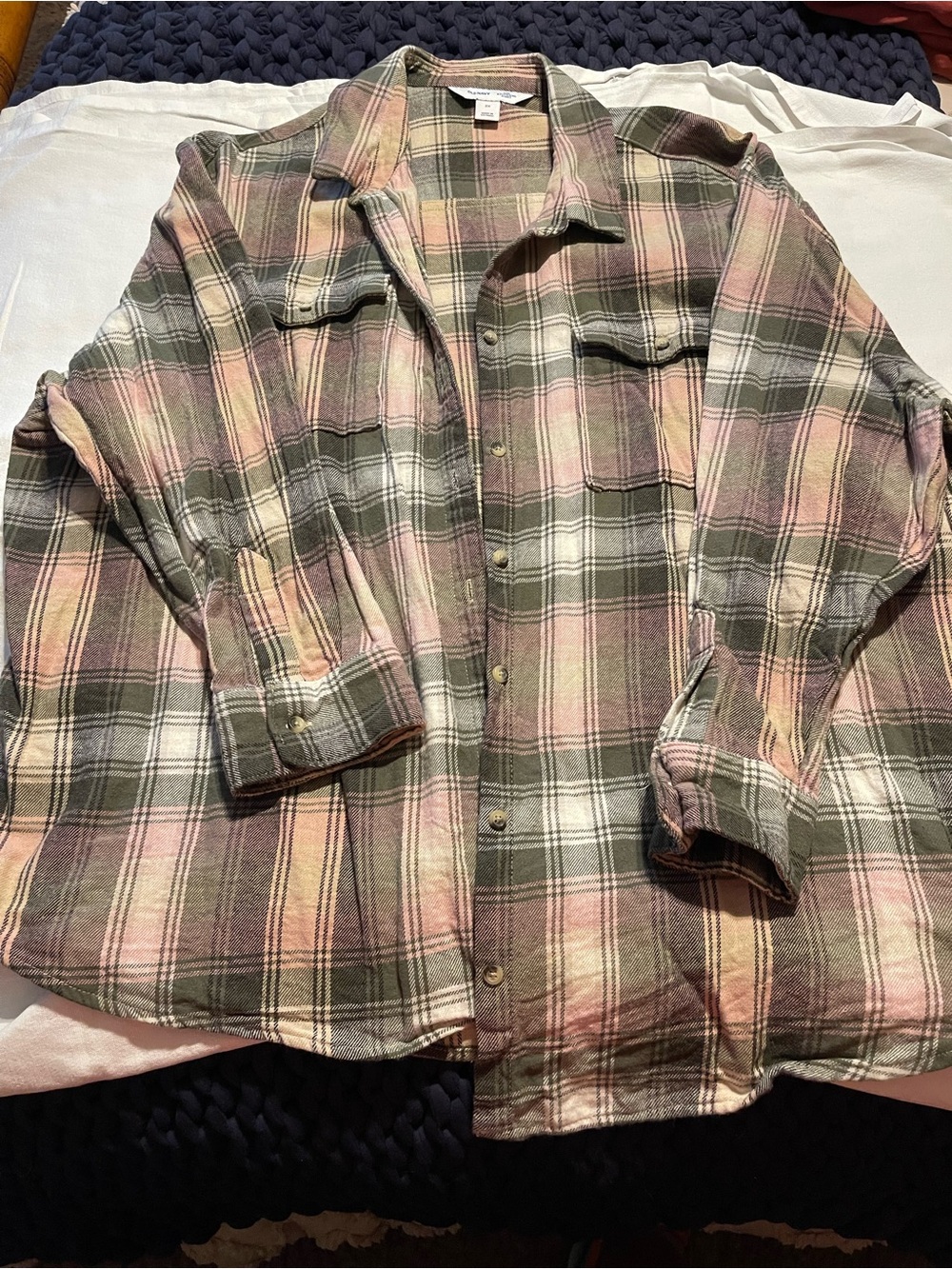 Old Navy Plaid Boyfriend Shirt in Olive Green and Pink